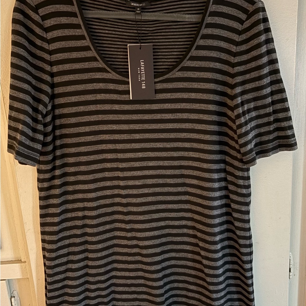 NWT Lafayette 148 New York Black and Gray Striped Scoop Neck Top Size M